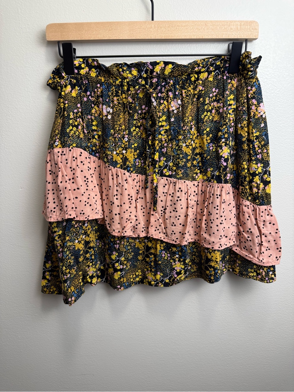 Urban Outfitters Black Floral Mini Skirt with Pink Ruffle Boho Size M